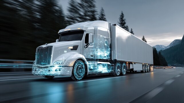 Autonomous Trucking: Advanced Technology Concept Highway Animation of Futuristic Autonomous Vehicle
