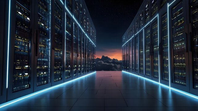 High-Tech Data Server Room with Blue Futuristic Lighting