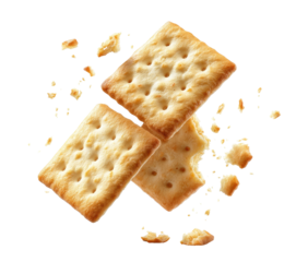 Two square crackers, light golden-tan color, overlapping, with broken pieces scattered around, in a dynamic, slightly high-angle shot