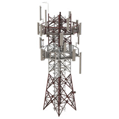Tall telecommunications tower against white background.