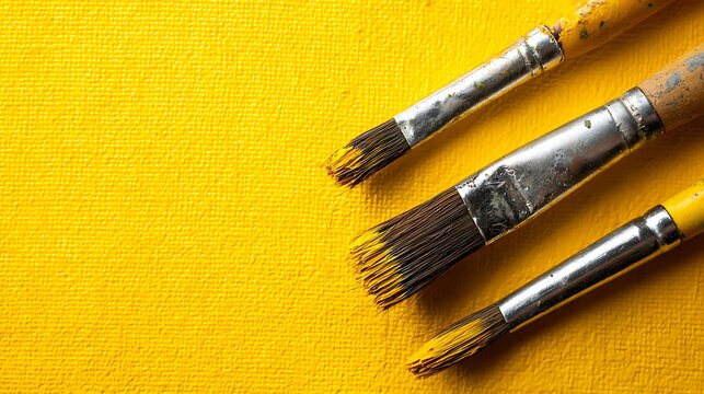 Close up of three artist paintbrushes with metal ferrules resting on a textured yellow surface