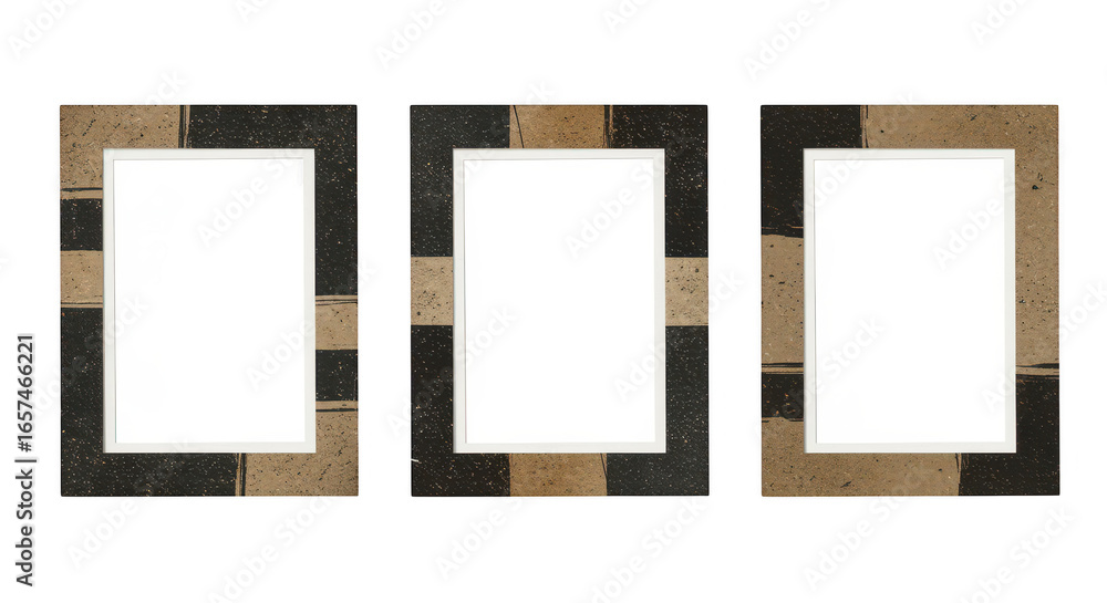 Poster artistic triptych of picture frames: the photograph showcases an artistic triptych of three vertical