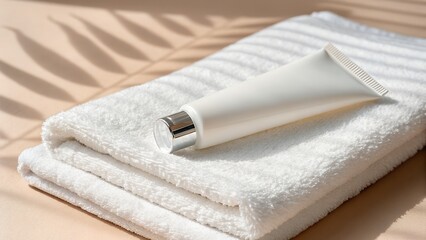 White Cream Tube on Stack of Towels with Leaf Shadow for Skincare