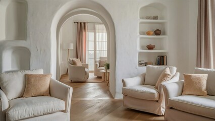 Elegant living room with arched doorway and comfortable seating