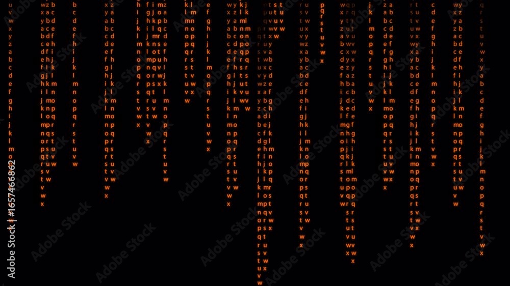 Poster ascending orange letters on black background: abstract data stream visualization