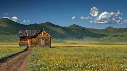 Rural scene with cabin and moon