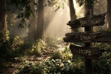 Find your path to justice peace and hope through a sun-drenched forest trail