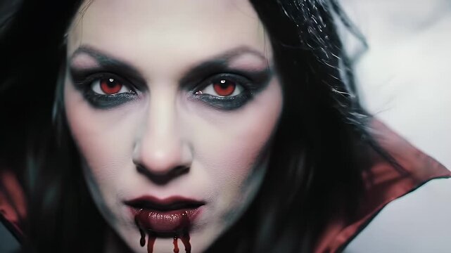 Close-up portrait of a woman in a vampire costume with blood on her mouth.