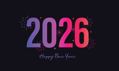 2026 Happy new year celebration greeting card, sparkler font and firework isolated background