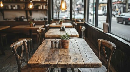 Rustic cafe interior with wooden tables