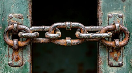 Rusted metal chain on a weathered green door