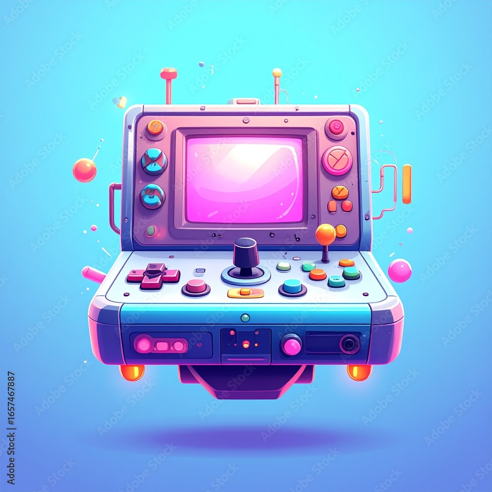 Poster a retro-futuristic console with vibrant colors and glowing controls dominates a light-blue backgroun