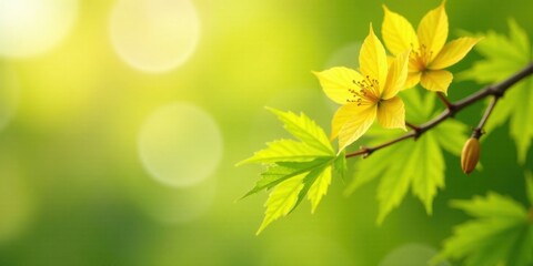 Obraz premium Bright Yellow Blossoms on a Branch with Fresh Green Leaves in Sunlight