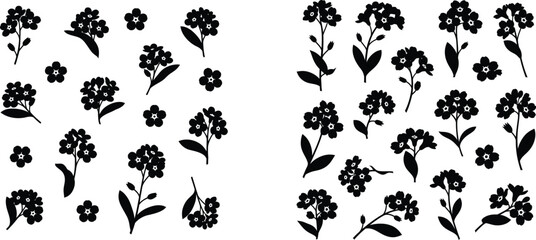Forget-Me-Not Flowers and Sprigs Silhouettes - Vector Set