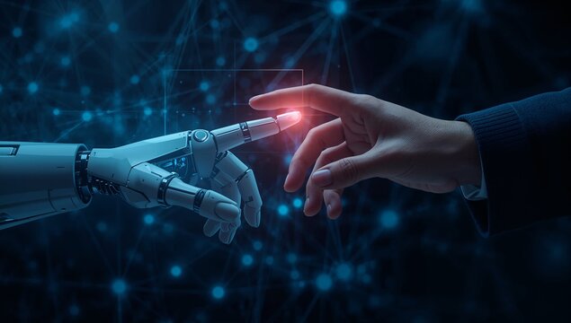 A futuristic illustration depicts a human hand and a robotic arm coming together in a technological interaction.