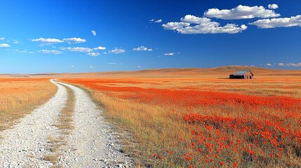 Rustic road leads to lone house in vibrant field