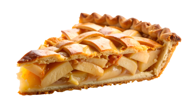 close up of delicious slice of apple pie isolated on transparent background as PNG