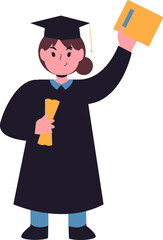 Illustration of a happy graduate in cap and gown holding a diploma and a book, celebrating academic achievement.