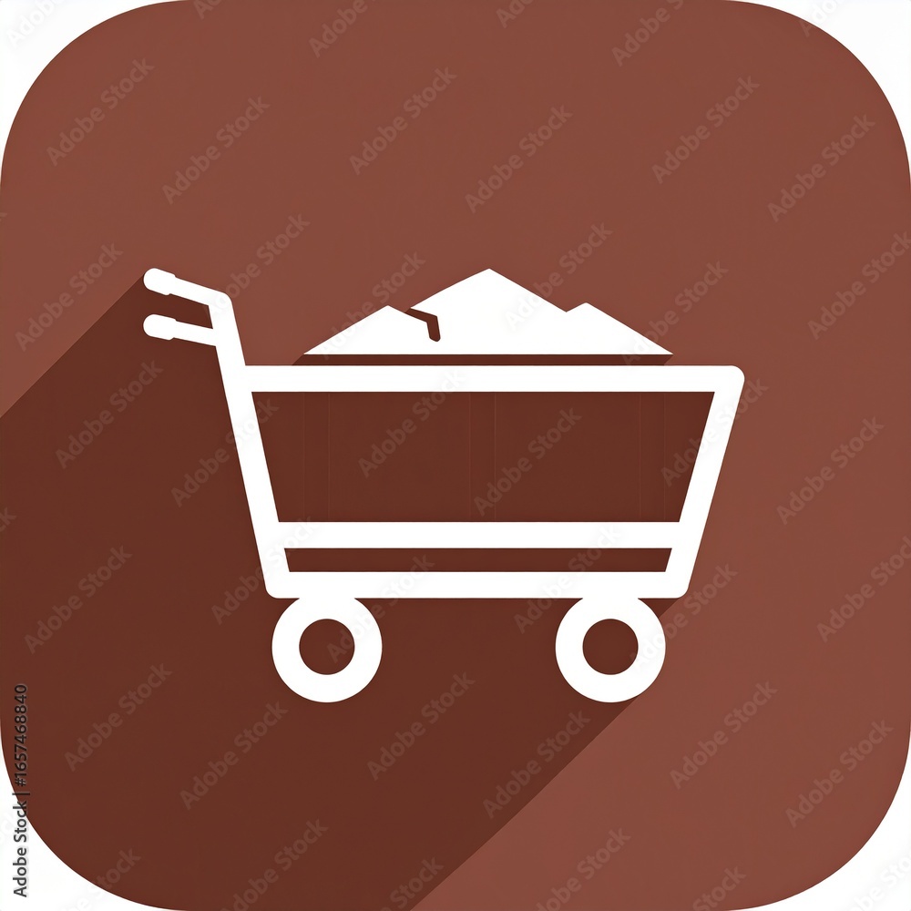 Poster simple icon of a mining cart filled with ore against a deep brown background.