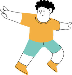 A cheerful cartoon boy with curly hair dancing joyfully with his arms outstretched.