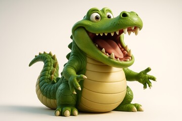 Naklejka premium Playful cartoon crocodile with big eyes and open mouth sitting on neutral background, cheerful animal character in bright lighting.