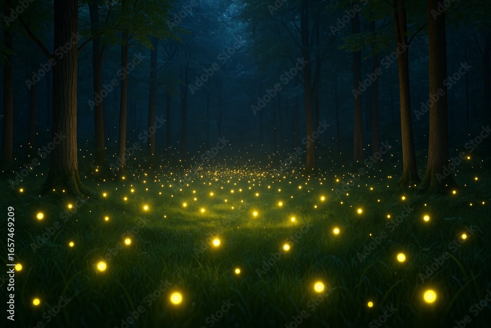 Poster magical glowing fireflies illuminating dark forest with warm yellow light at night, creating a dream