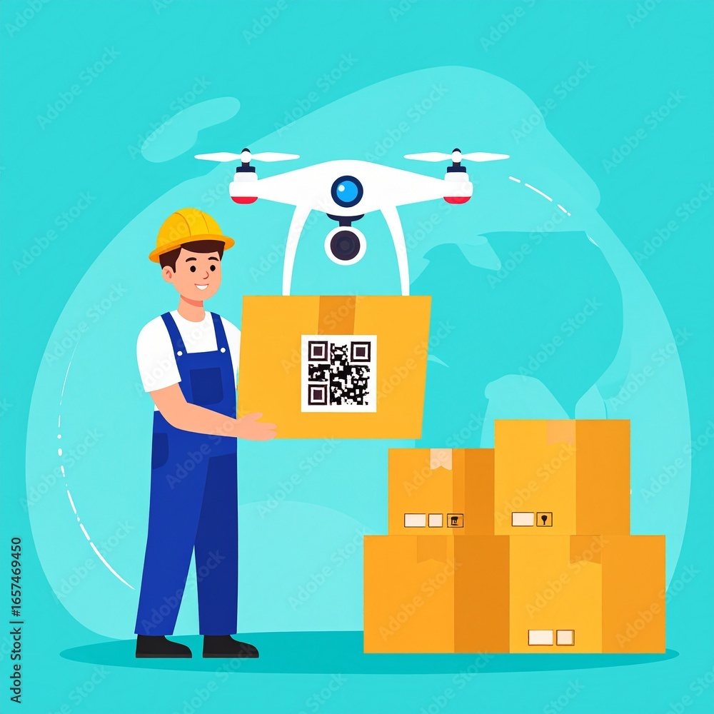 Poster a worker holds a package while a drone delivers it, representing modern package delivery methods.