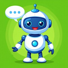A friendly robot character with a light blue and white design, giving a friendly gesture against a vibrant lime-green backdrop.