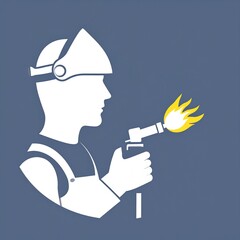 Profile view of a worker holding a burning torch, highlighting safety equipment and industrial theme.