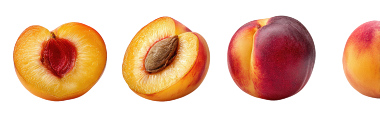 Four peach halves, arranged horizontally, against a black background. 
