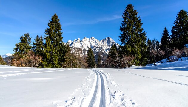 Picturesque winter landscape with cross-country ski trail and snowy mountains