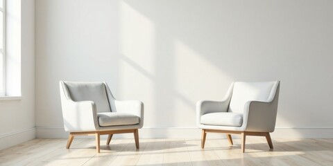 Sunlight Illuminates a Pair of Modern Light Gray Armchairs in a Minimalist Room with Hardwood Floors
