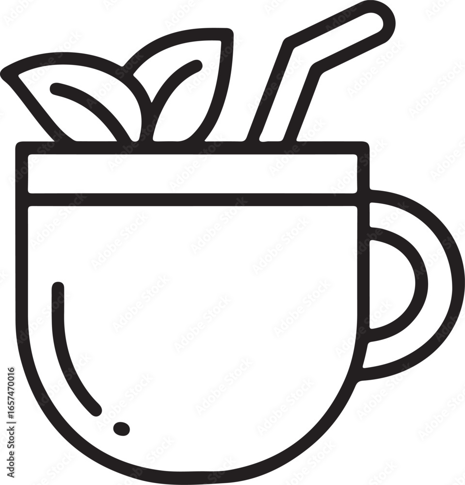 Poster simple line art icon of a refreshing drink with mint and straw