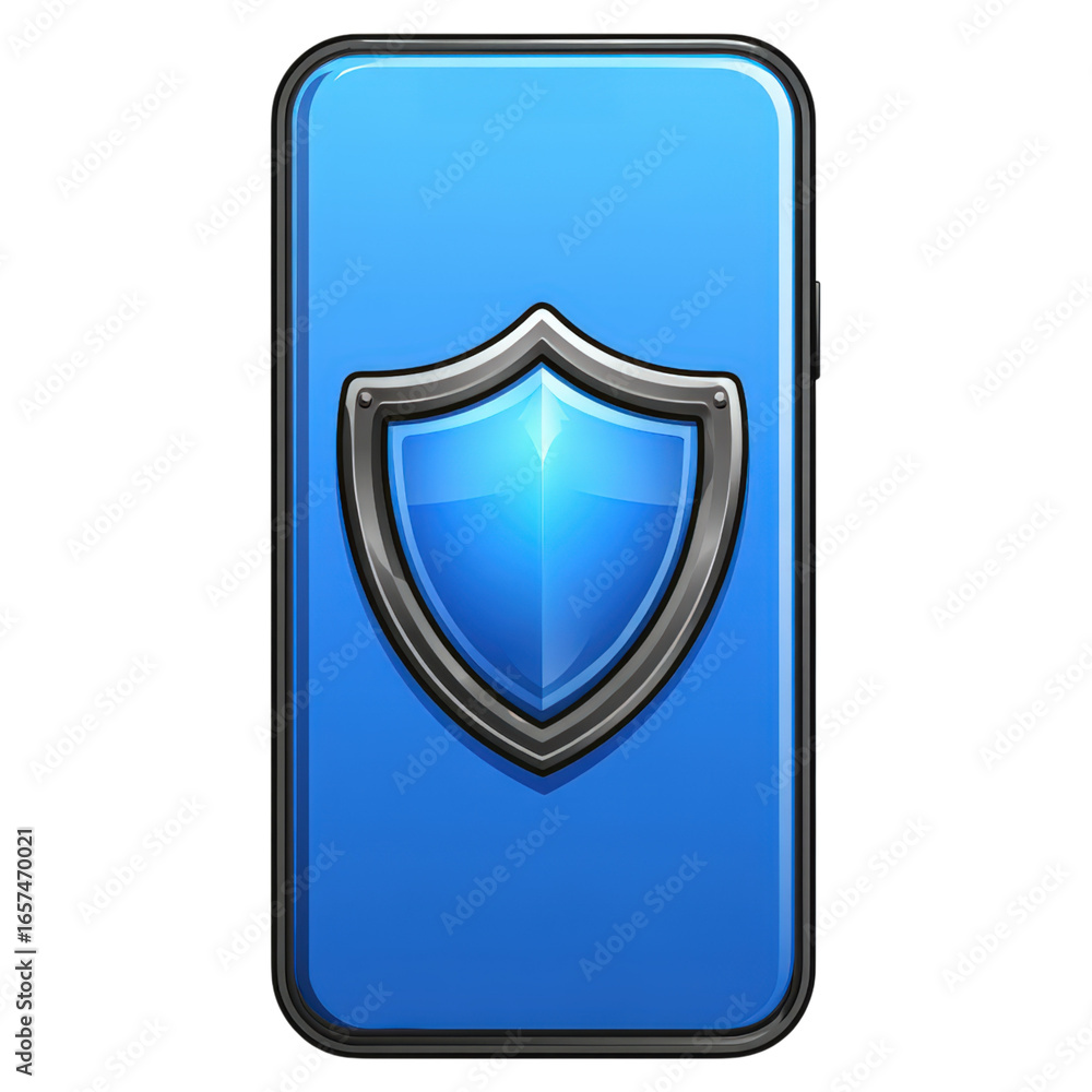 Poster smartphone with shield emblem symbolizes data privacy and security, representing modern technology r