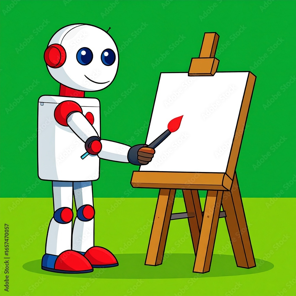 Poster a friendly robot paints on a blank canvas, showcasing a simple yet expressive design.