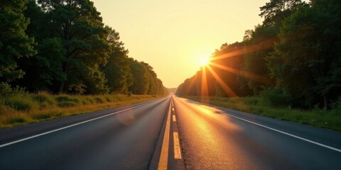 Golden Hour on a Tree-Lined Asphalt Highway Leading to a Brilliant Sunset