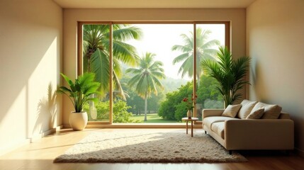 Fototapeta premium Serene Living Room with Expansive Tropical View and Soft Furnishings