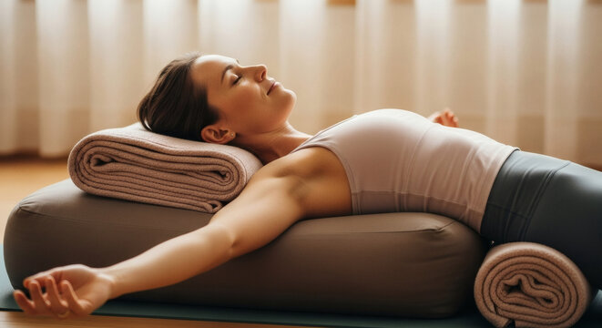 Woman lying on a bolster with blankets in a relaxed yoga pose in a bright and airy room setting