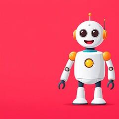 A cheerful cartoon robot stands against a vibrant crimson backdrop, showcasing a friendly design and bright colors.