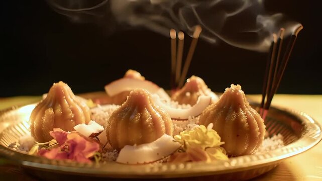 Ganesh Chaturthi Traditional Offering Plate with Modak Sweets, Coconut and Incense