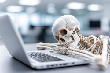 Working to death. Business man's skeleton using laptop in office.