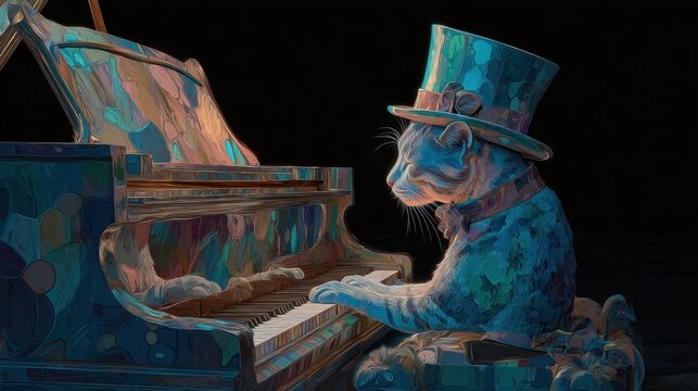 Cat Top Hat. Surreal Digital Art: Feline in Silk Hat Playing Grand Piano