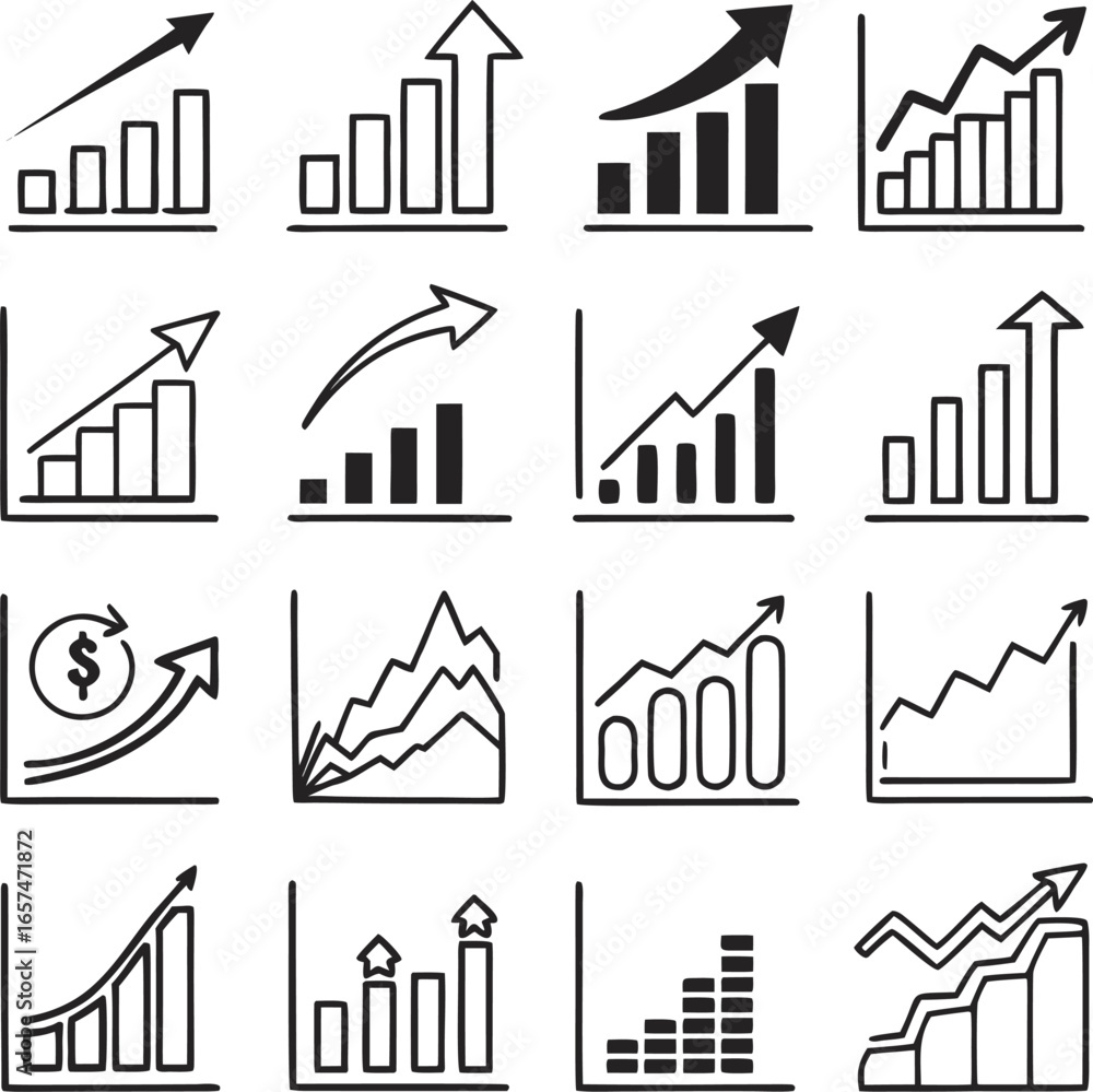 Poster vector art of collection of various black and white growth charts and graphs isolated on white backg