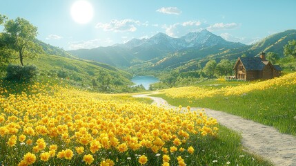 Scenic mountain valley with wildflowers