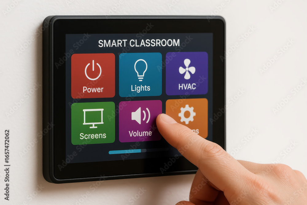Poster smart classroom control panel with touch screen interface showing power lights hvac screens volume a