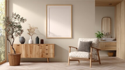 Fototapeta premium Modern minimalist living room with framed artwork