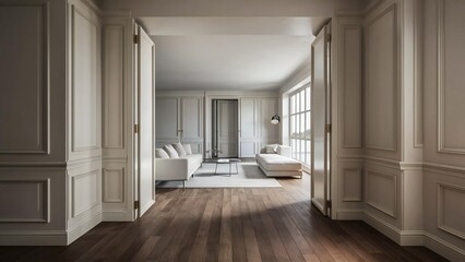 Obraz premium Elegant hallway leading to a bright living room with modern furniture