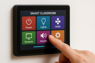 Smart classroom control panel with touch screen interface showing power lights HVAC screens volume and settings options for modern education environment