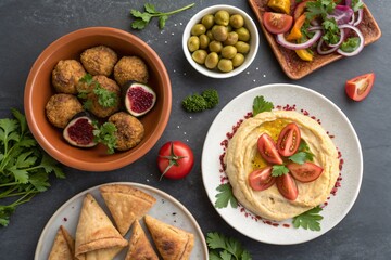 Mediterranean feast with falafel, hummus, olives, pita bread, and fresh vegetables