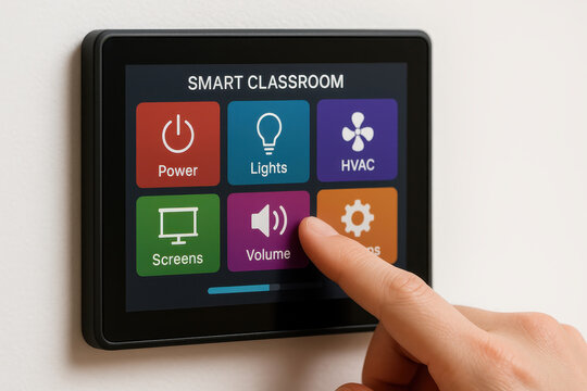 Smart classroom control panel with touch screen interface showing power lights HVAC screens volume and settings options for modern education environment
